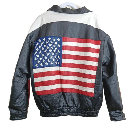 Golden Leather USA Flag Bomber Jacket Mens XL Fur Zip Biker America Y2K Patriot - Picture 5 of 6